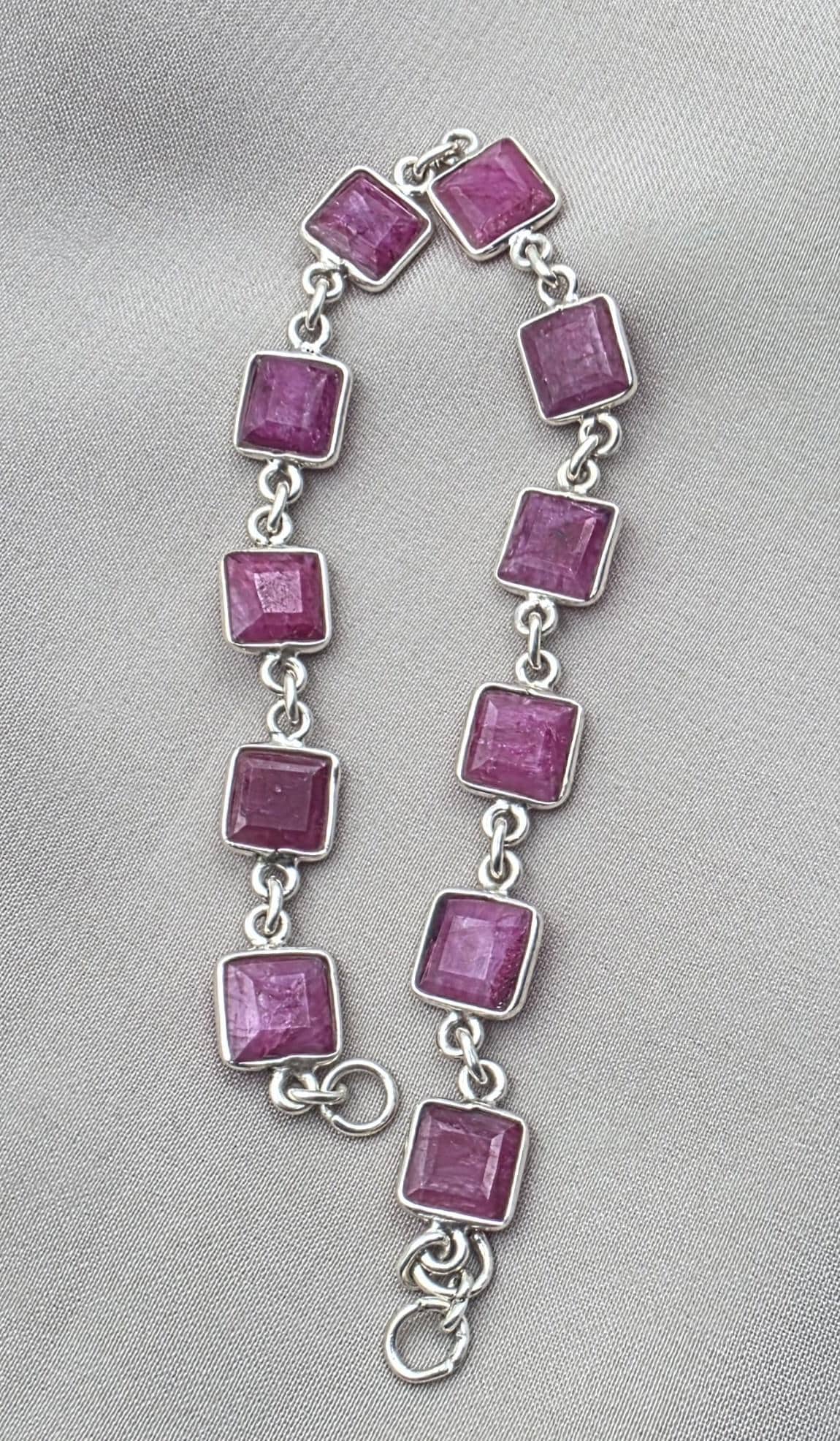 925 Sterling Silver Pink Ruby Bracelet Square Cut Gemstone Link Bracelet Gift for Her