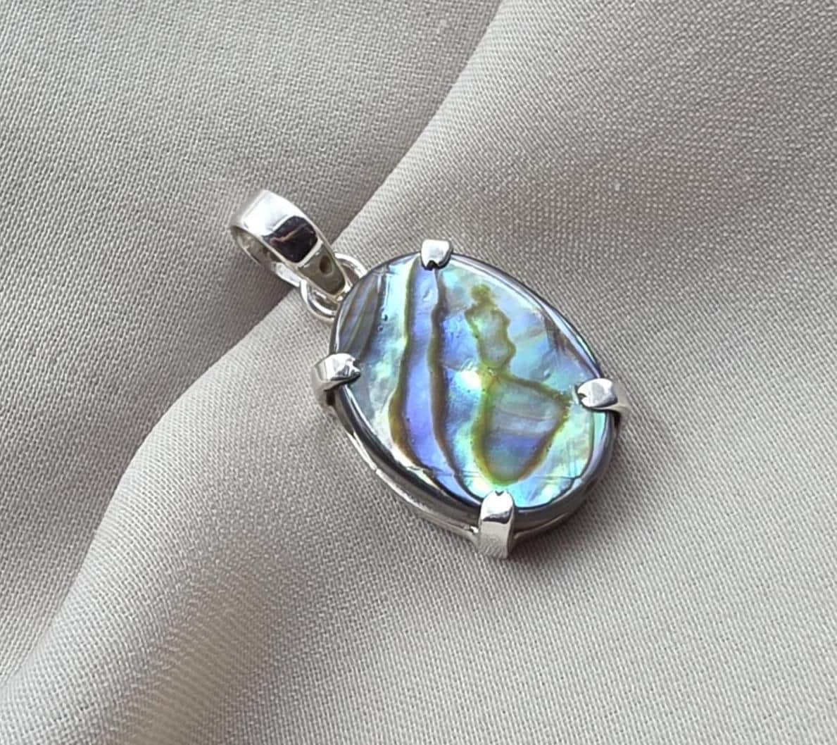 925 Sterling Silver Abalone Shell Pendant, Natural Iridescent Shell Necklace, Oval Abalone Gemstone Jewelry, Ocean Inspired Gift for Women
