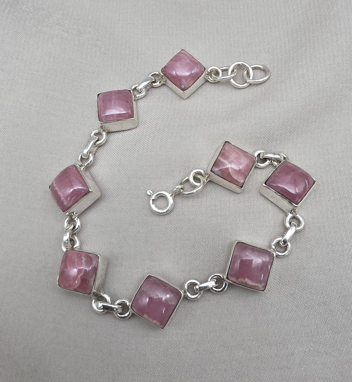 925 Sterling Silver Rhodochrosite Bracelet Pink Gemstone Square Link Bracelet Gift for Her