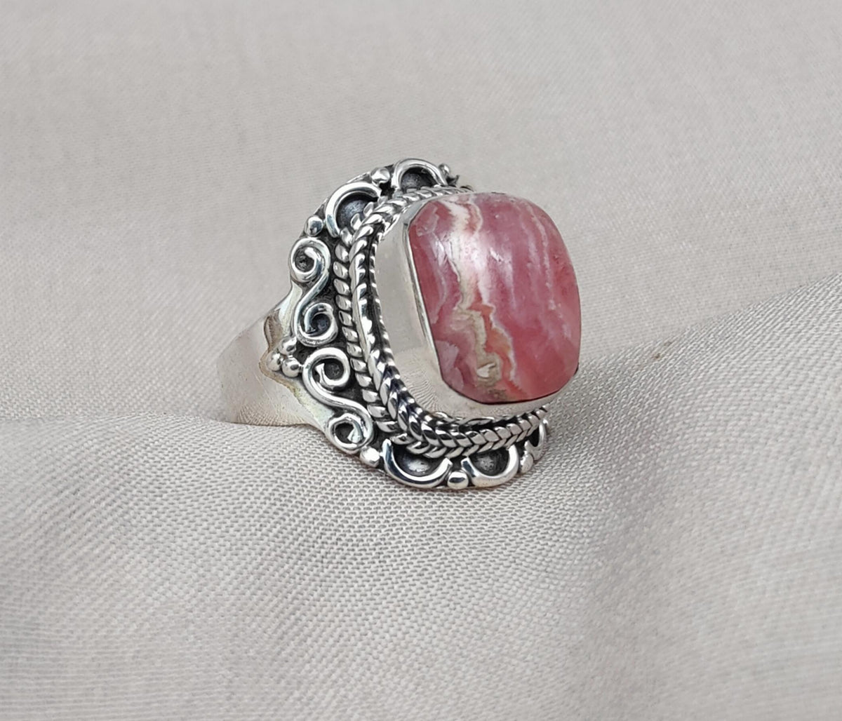 Handmade Rhodochrosite Sterling Silver Ring: Boho October Birthstone
