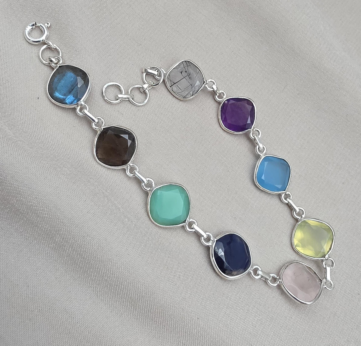 925 Sterling Silver Multi Stone Bracelet Natural Gemstone Cushion Link Jewelry