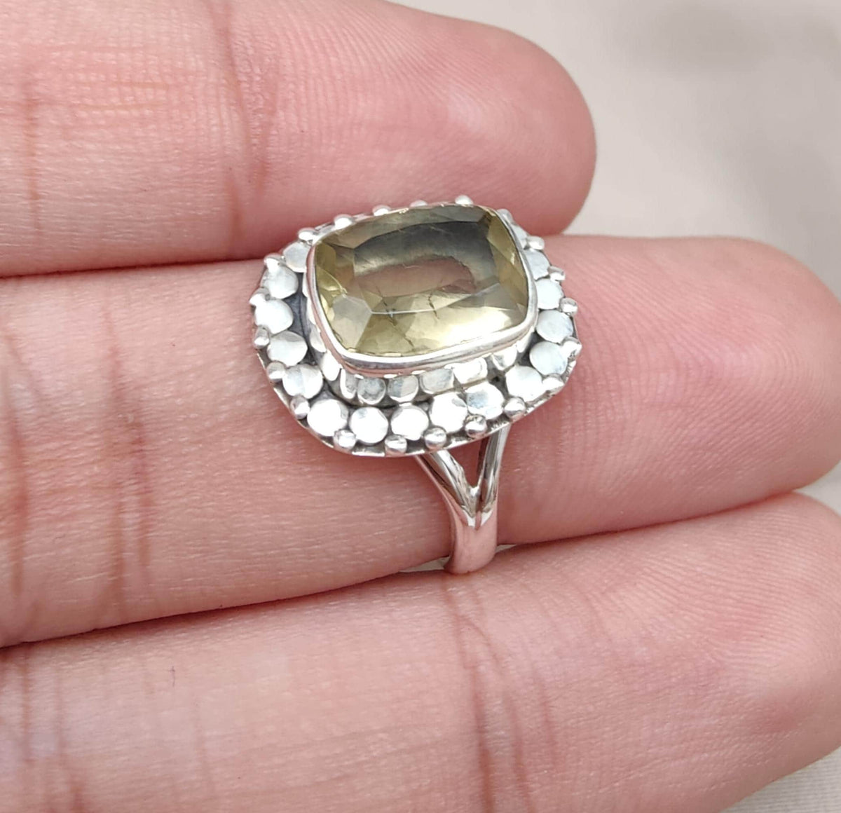 Lemon Quartz Sterling Silver Ring: Cushion Cut Cocktail Statement Jewelry