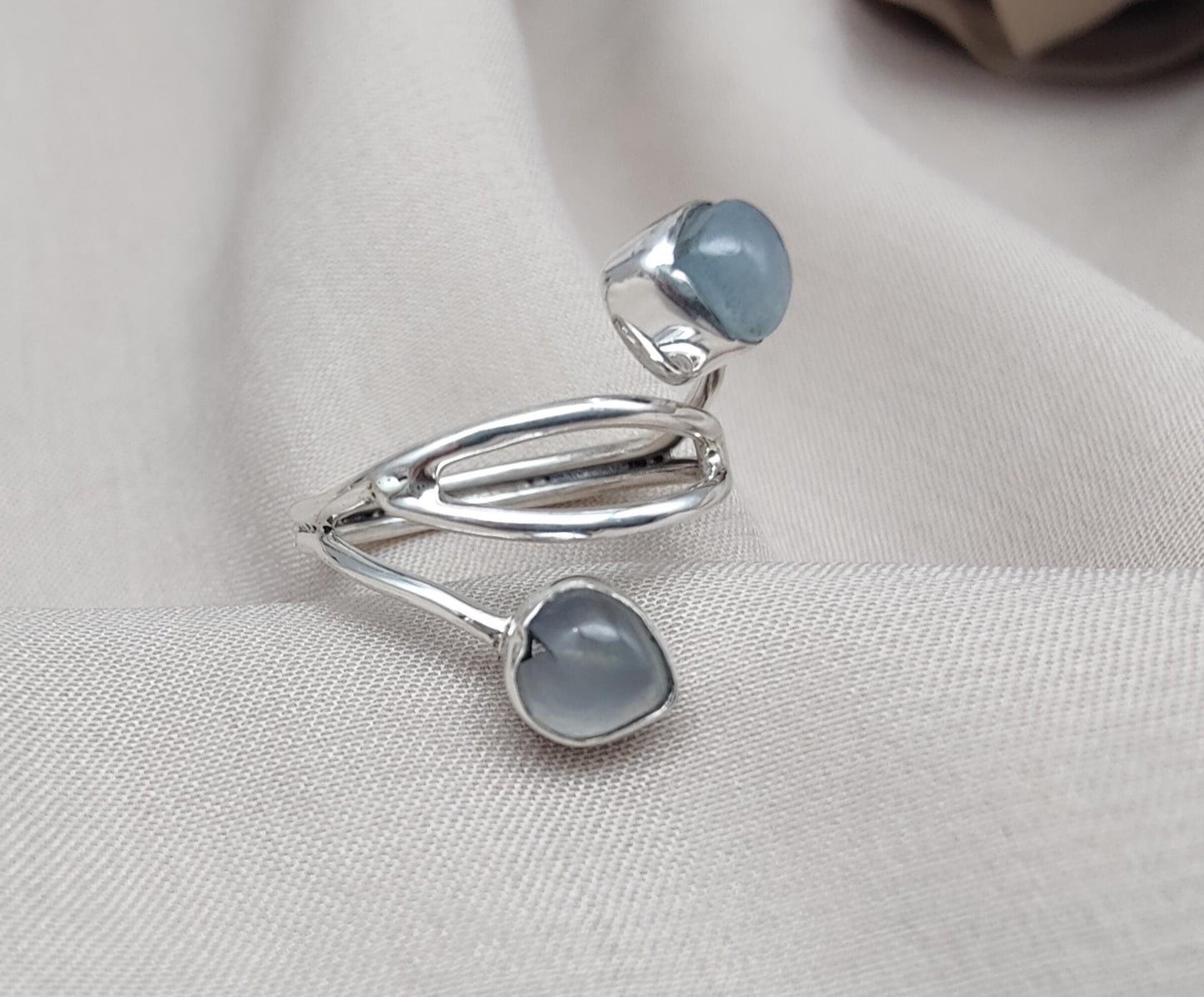 Aqua Milky Quartz 925 Sterling Silver Ring: Adjustable Open Wrap Design