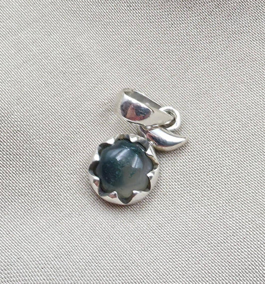 925 Sterling Silver Green Moss Agate Pendant Natural Round Cabochon Floral Gemstone Necklace Charm
