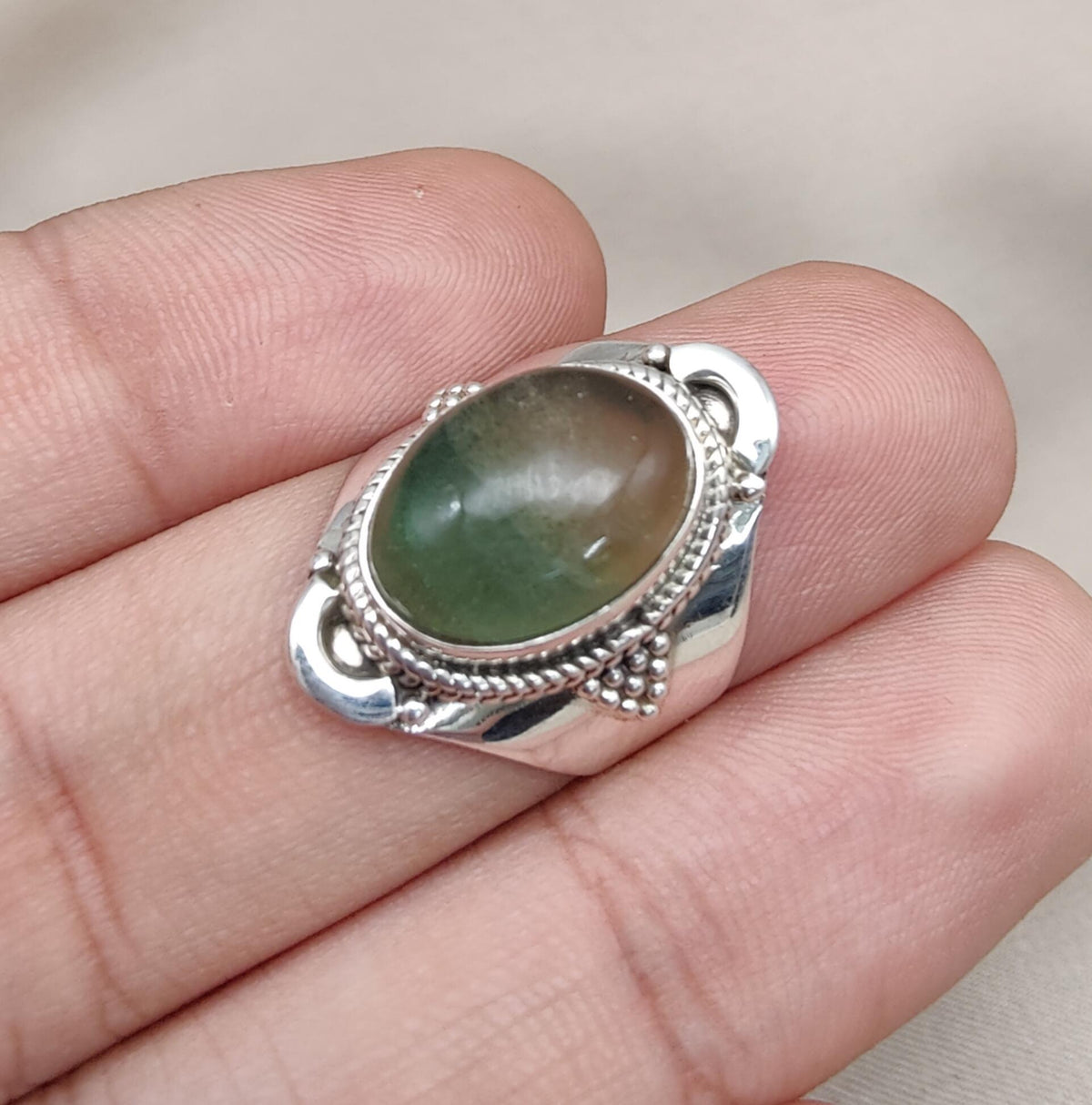Fluorite Sterling Silver Ring: Green-Gold Crystal, Boho Healing Jewelry