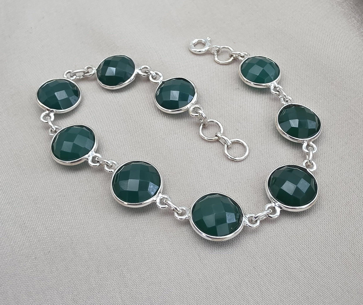 Green Onyx Bracelet 925 Sterling Silver Faceted Round Stone Link Bracelet Handmade Jewelry