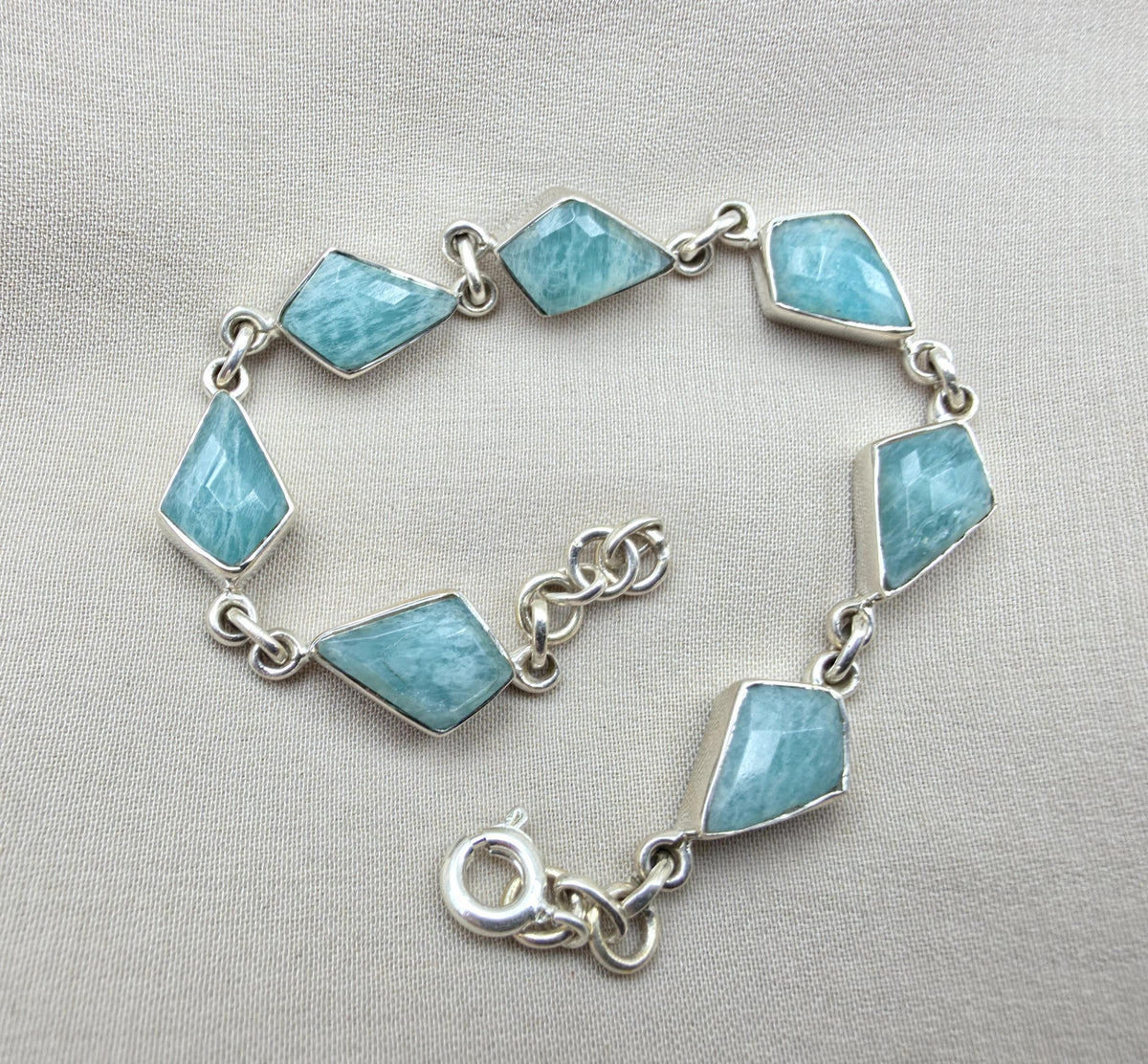925 Sterling Silver Amazonite Bracelet Geometric Link Bracelet Blue Gemstone Jewelry