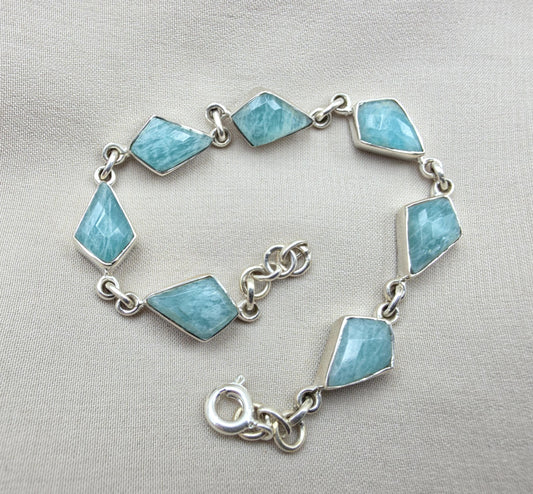 925 Sterling Silver Amazonite Bracelet Geometric Link Bracelet Blue Gemstone Jewelry