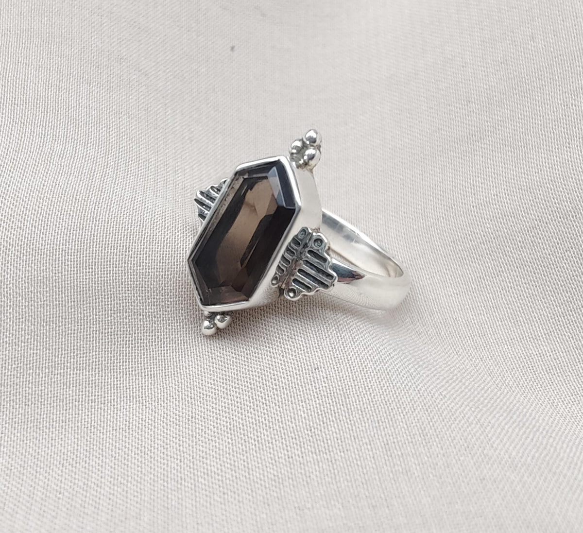 Smoky Quartz Sterling Silver Ring: Hexagon Gemstone, Boho Jewelry