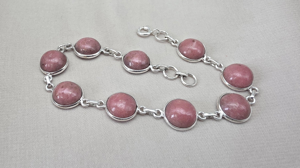Rhodochrosite Bracelet 925 Sterling Silver Round Cabochon Pink Gemstone Link Bracelet Handmade Jewelry