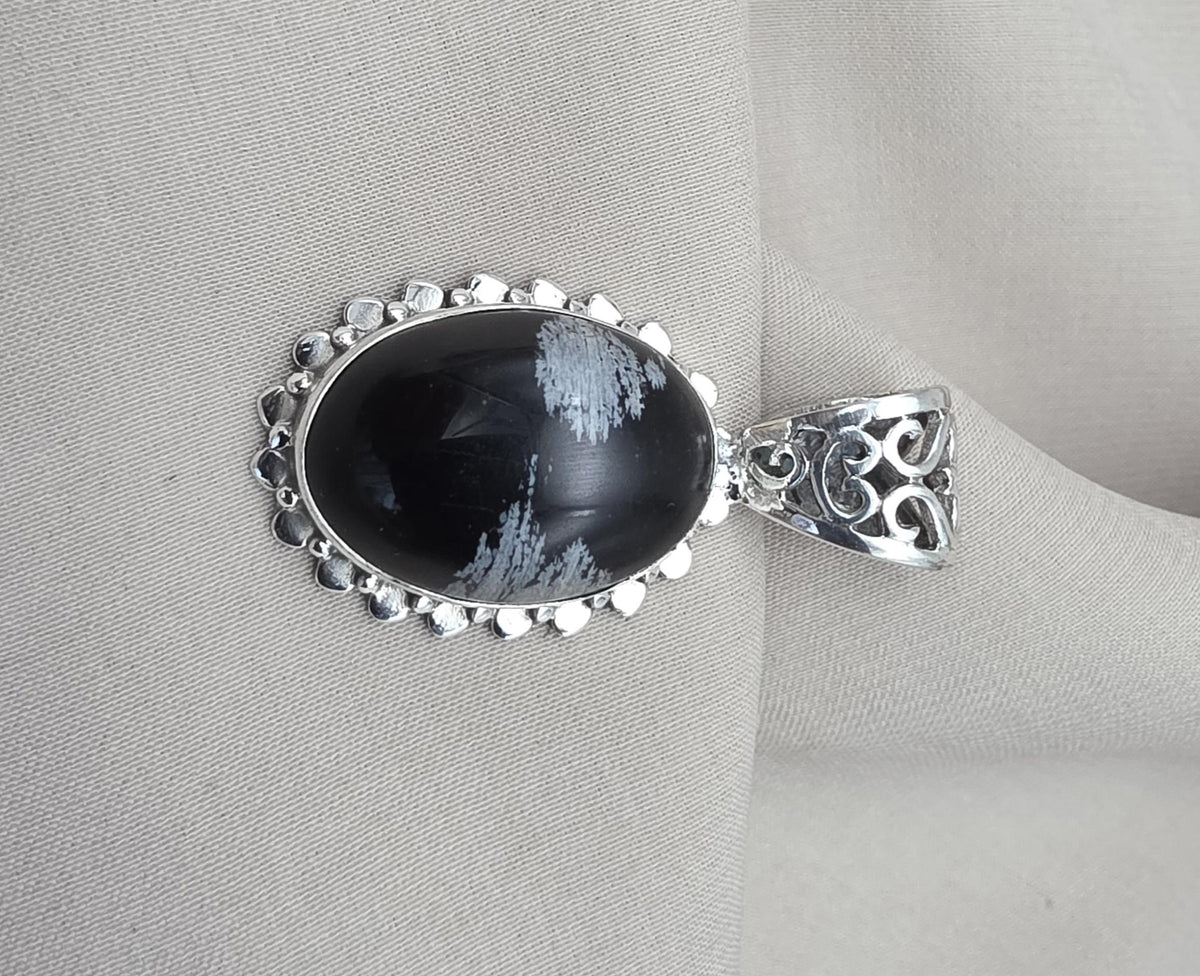 Snowflake Obsidian Pendant 925 Sterling Silver Protection Gemstone Necklace Courage Jewelry
