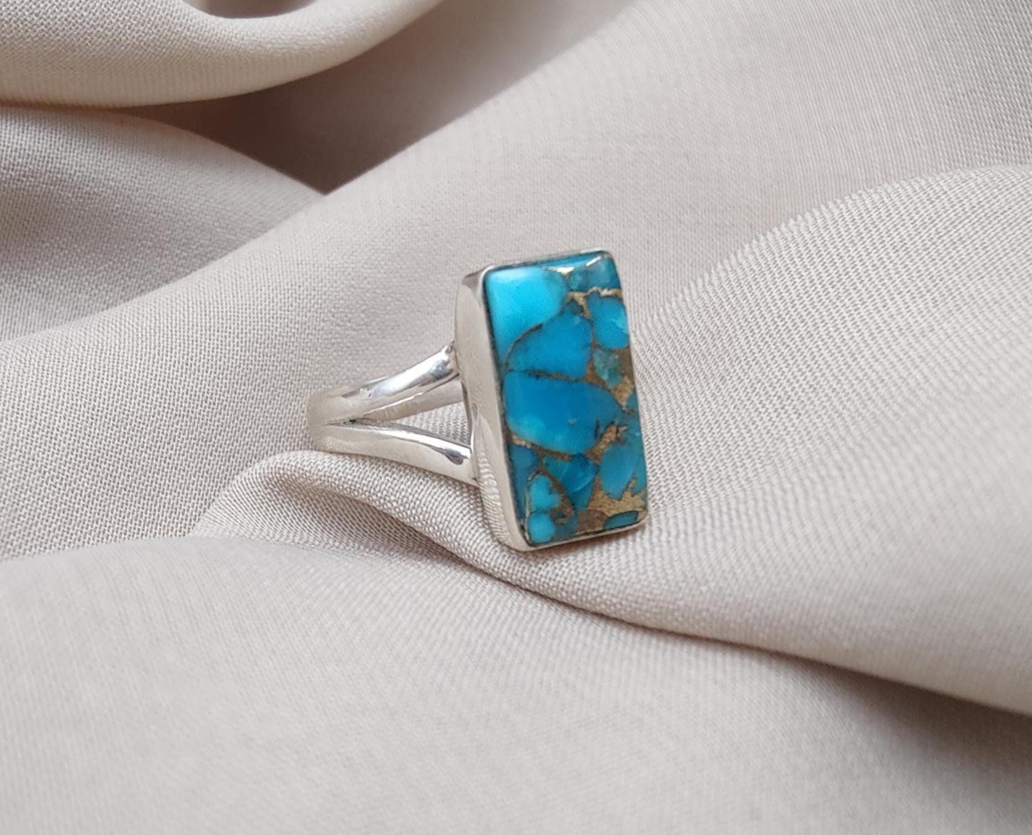 Blue Copper Turquoise 925 Sterling Silver Ring: Boho Gemstone Jewelry