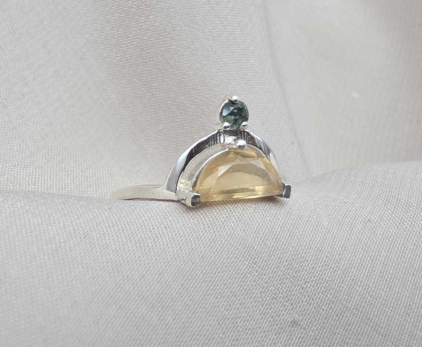 Citrine Ring 925 Sterling Silver Dual Stone Moss Agate Statement Ring