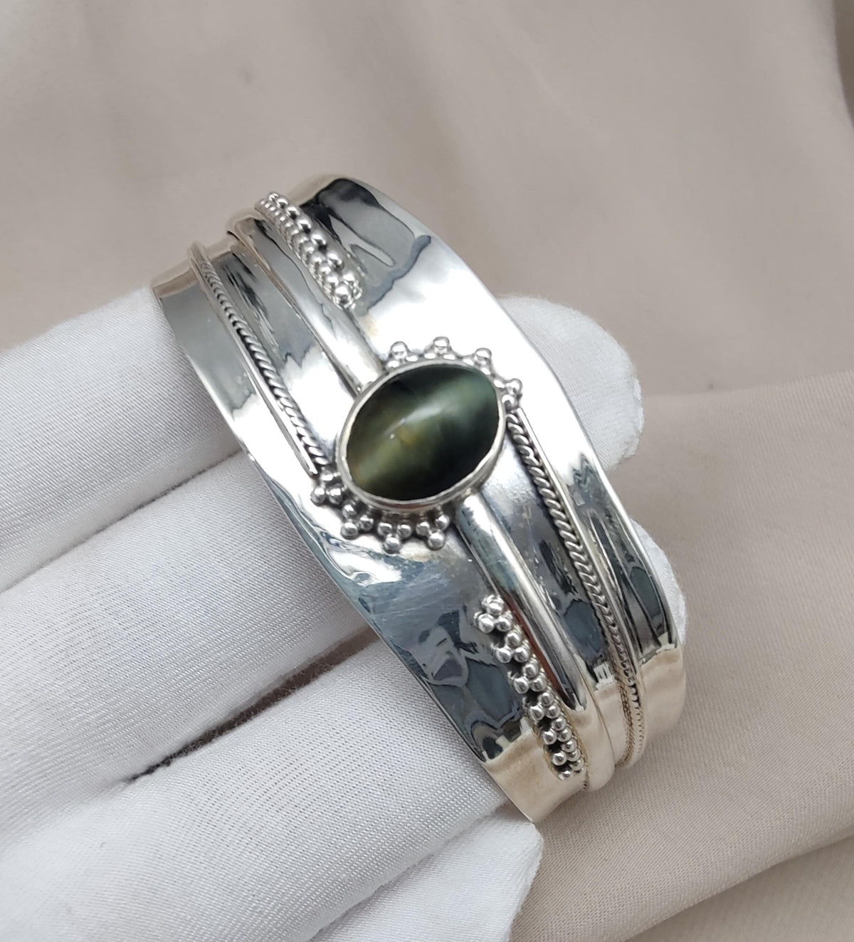 Cat's Eye Sterling Silver Cuff Bangle: Handmade Boho Jewelry