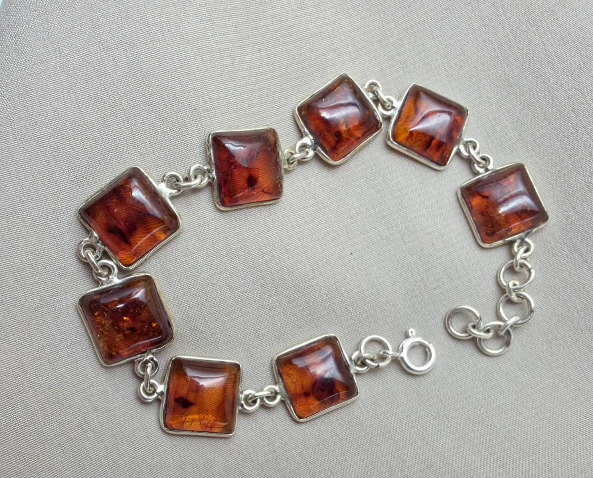 925 Sterling Silver Cognac Amber Bracelet Handmade Gemstone Jewelry Gift for Women