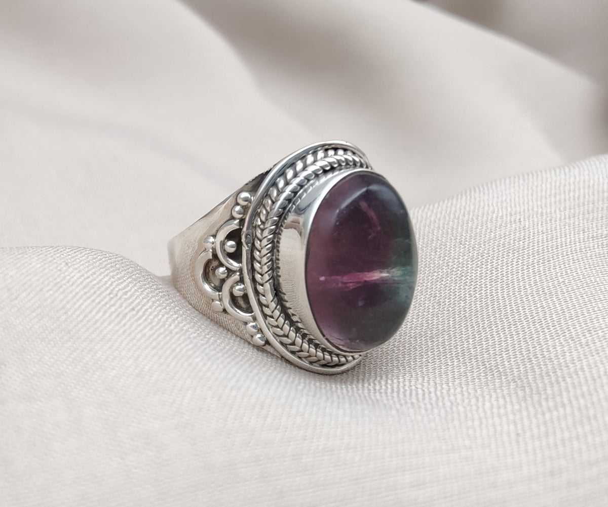 Rainbow Fluorite Ring: 925 Sterling Silver Boho Statement Jewelry