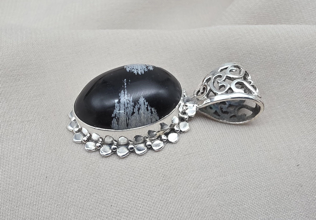 Snowflake Obsidian Pendant 925 Sterling Silver Protection Gemstone Necklace Courage Jewelry