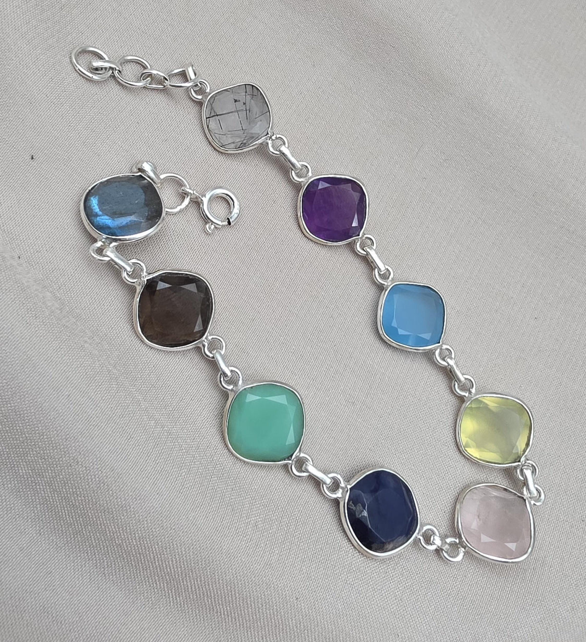 925 Sterling Silver Multi Stone Bracelet Natural Gemstone Cushion Link Jewelry