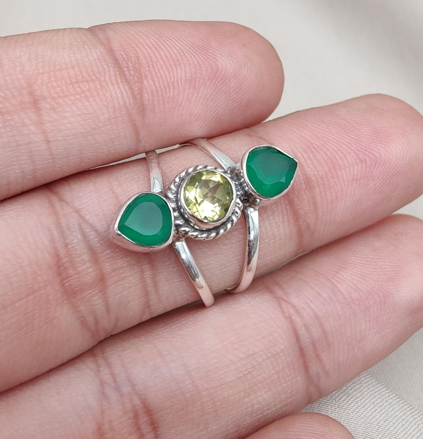 Green Onyx & Lemon Quartz 925 Sterling Silver Ring: Boho Statement Jewelry