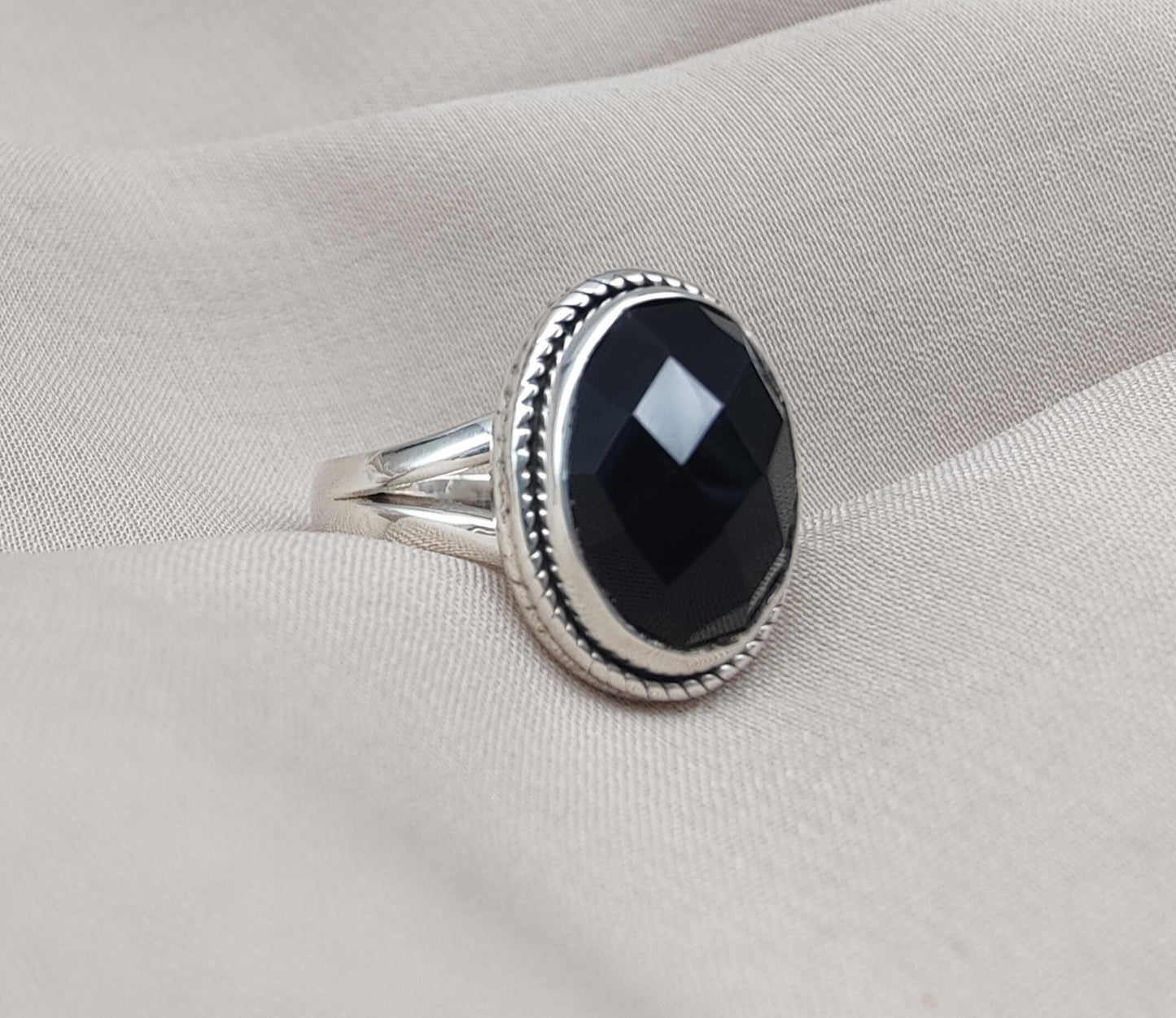 Black Onyx Ring: Faceted Oval Gemstone, 925 Sterling Silver, Boho Protection Jewelry