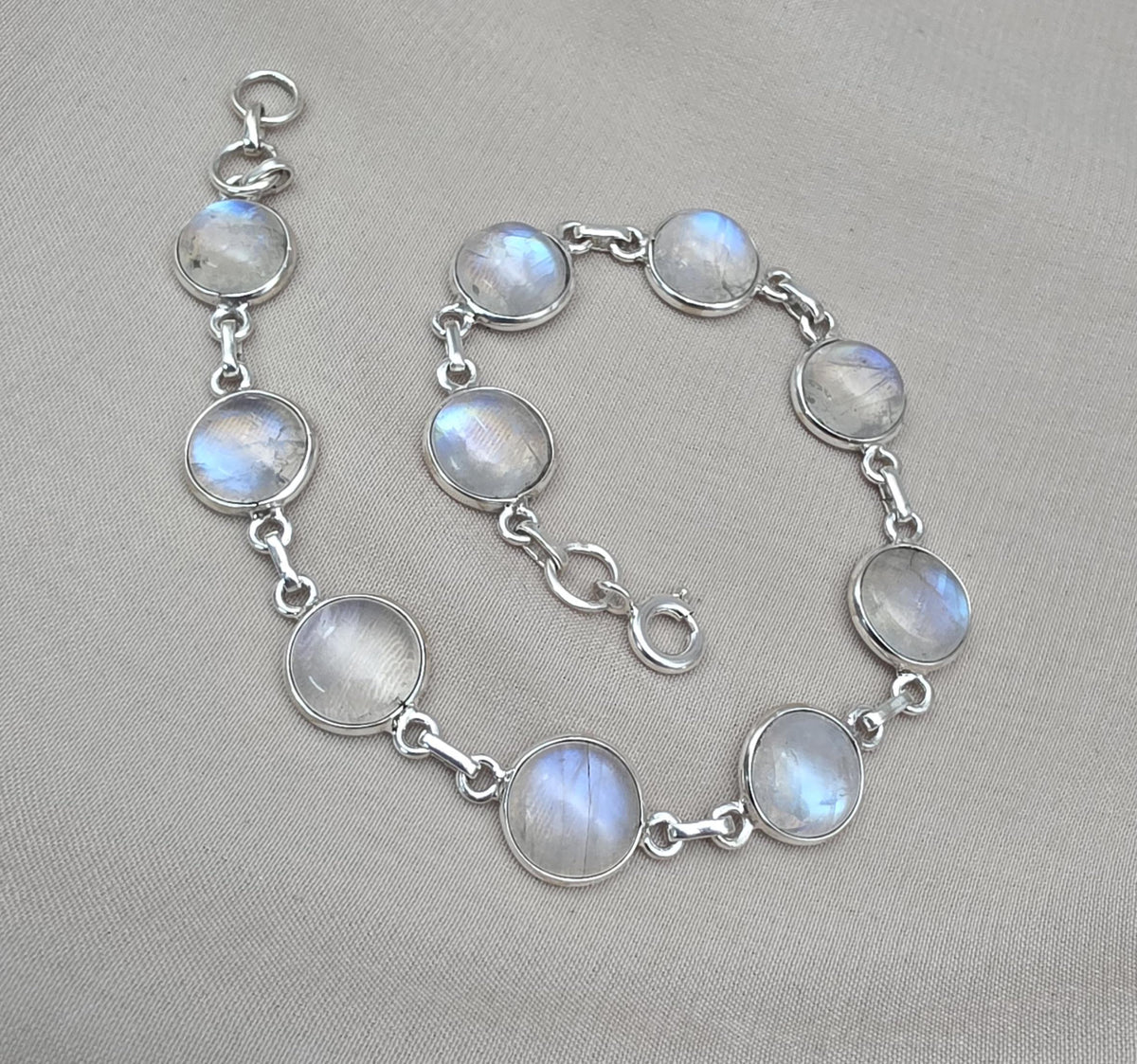 925 Sterling Silver Blue Flash Rainbow Moonstone Bracelet Natural Oval Link Jewelry