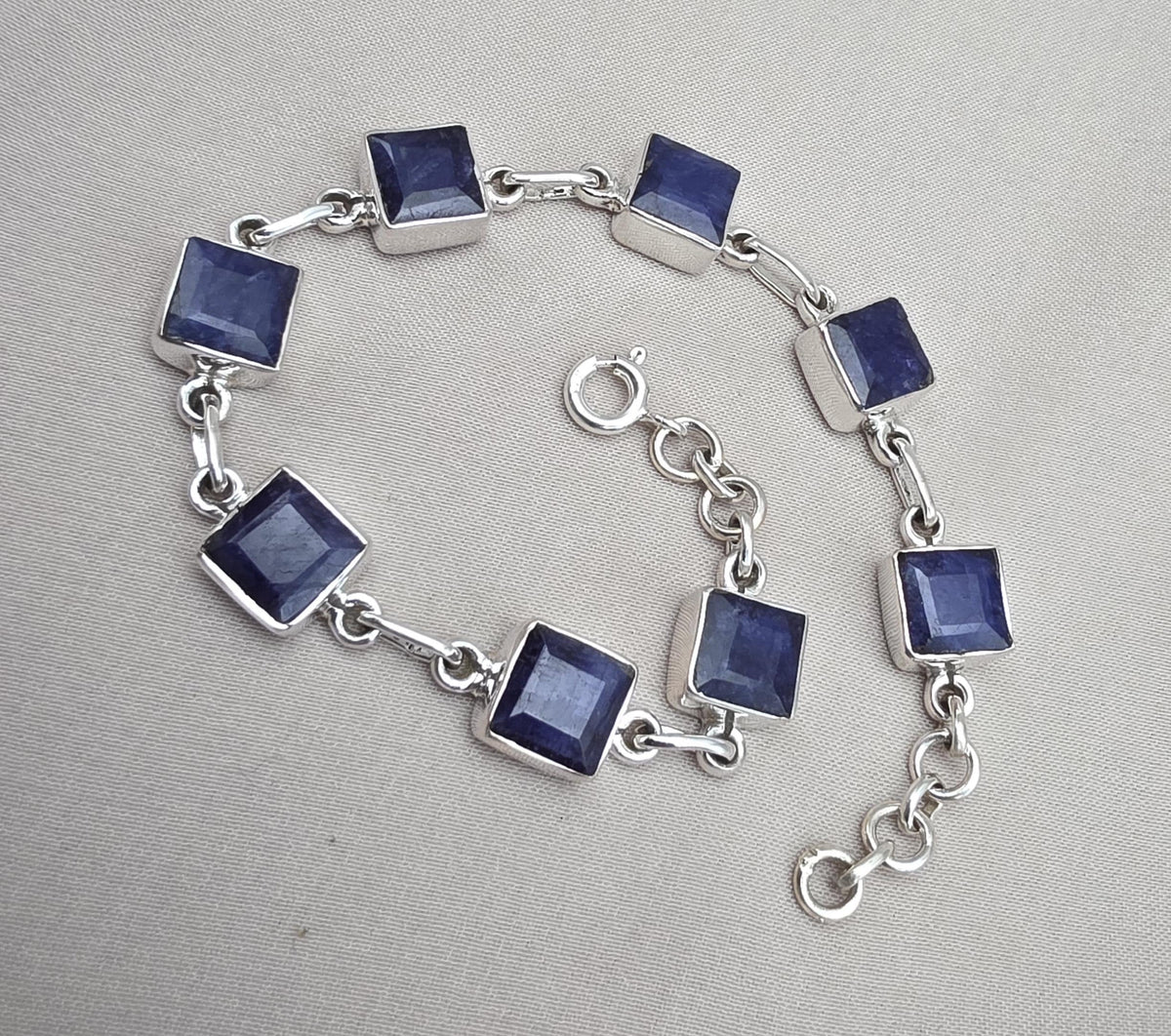 Blue Sapphire Cushion Link Bracelet 925 Sterling Silver Square Faceted Gemstone Bracelet Handmade Jewelry