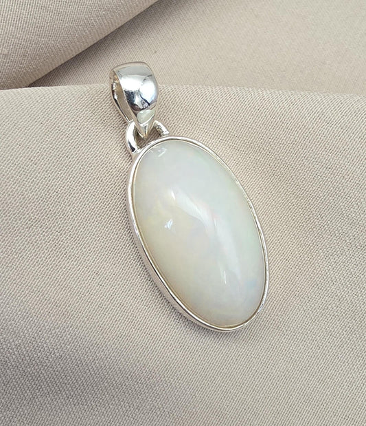 Natural White Opal Cabochon Pendant 925 Sterling Silver Handmade Oval Gemstone Jewelry Gifts