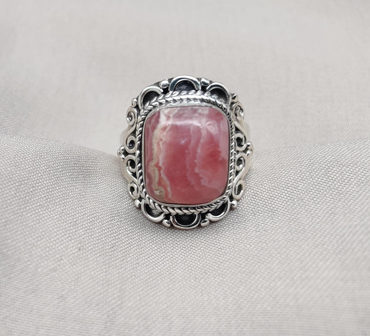 Handmade Rhodochrosite Sterling Silver Ring: Boho October Birthstone