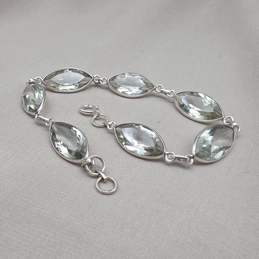 925 Sterling Silver Green Amethyst Bracelet Marquise shape Gemstone Elegant Link Bracelet Gift