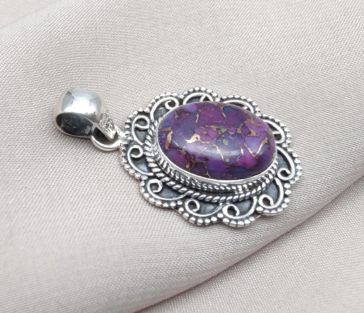 Purple Copper Turquoise Pendant: Sterling Silver Boho Statement Necklace