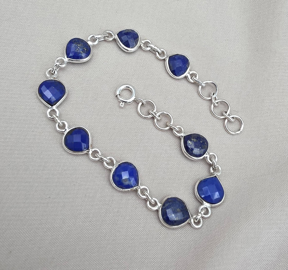 Lapis Lazuli Heart Link Bracelet 925 Sterling Silver Faceted Gemstone Handmade Gemstone Jewelry