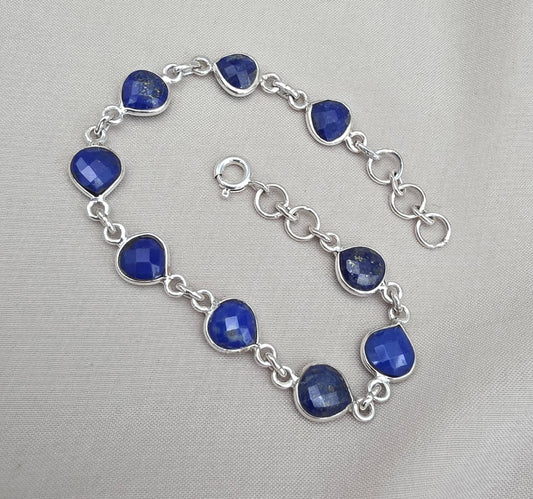 Lapis Lazuli Heart Link Bracelet 925 Sterling Silver Faceted Gemstone Handmade Gemstone Jewelry