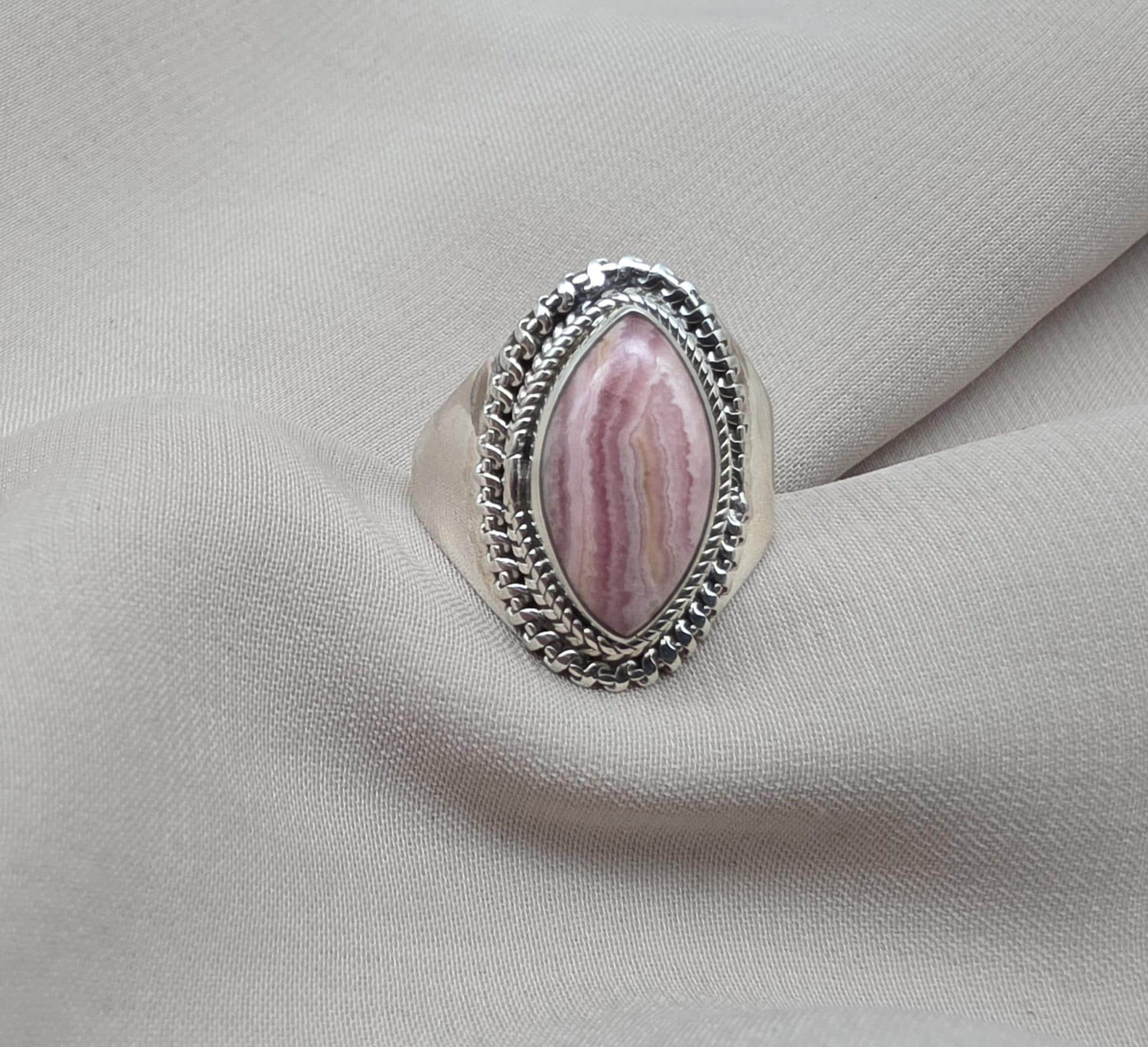 Rhodochrosite 925 Sterling Silver Ring Marquise Gemstone Boho Statement Ring Crystal Jewelry