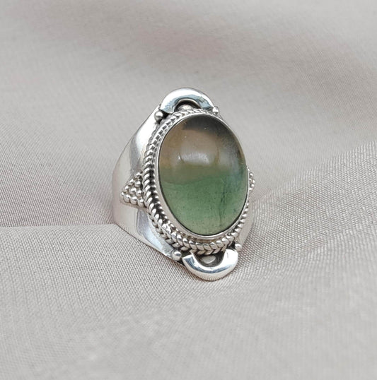 Fluorite Sterling Silver Ring: Green-Gold Crystal, Boho Healing Jewelry