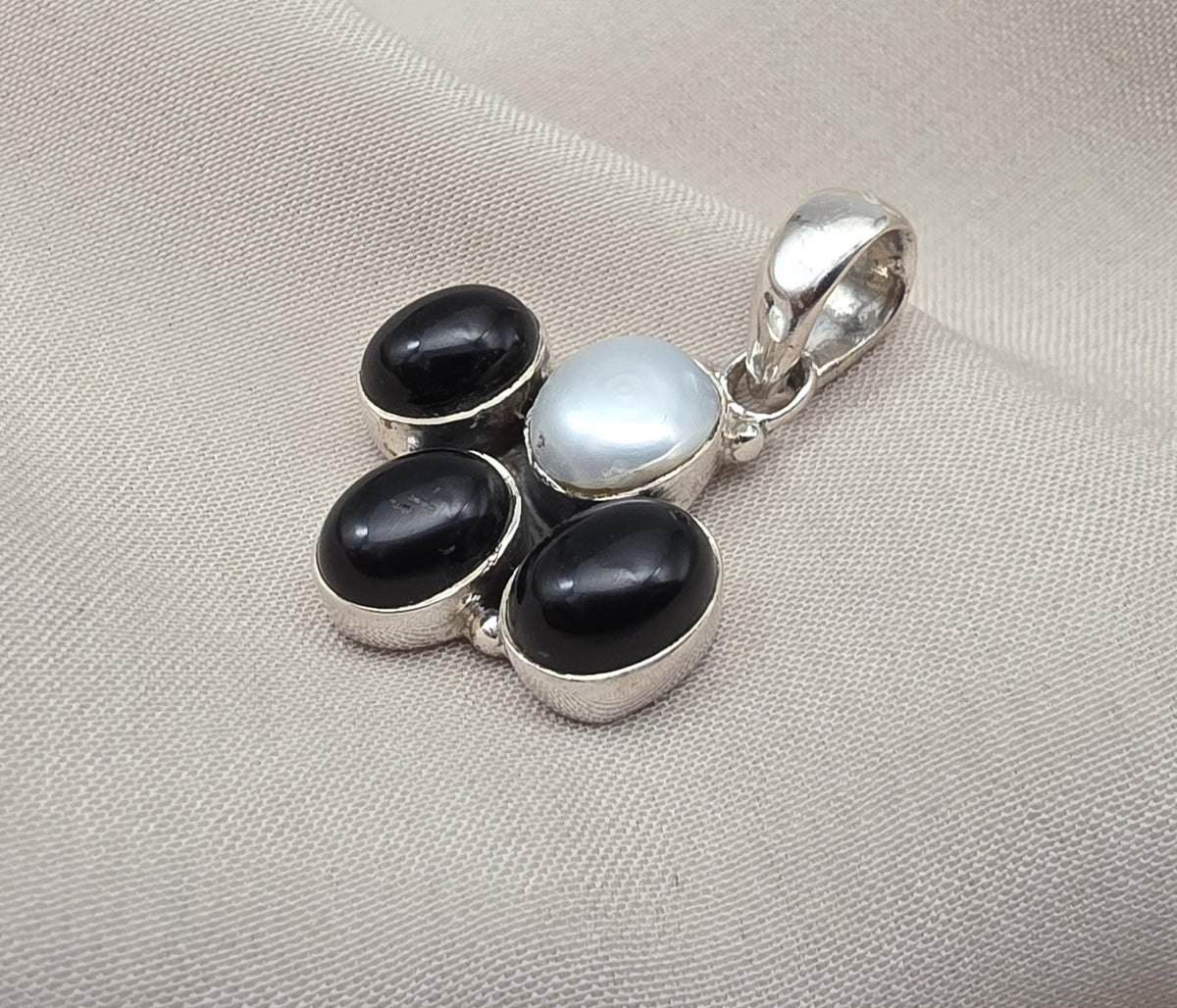 Black Onyx & Mother of Pearl 925 Sterling Silver Pendant: Handmade Boho Necklace