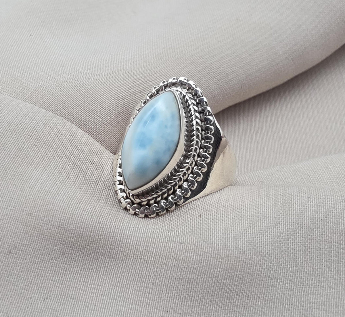 Natural Larimar Ring 925 Sterling Silver Larimar Marquise Cut Gemstone Boho Statement Jewelry