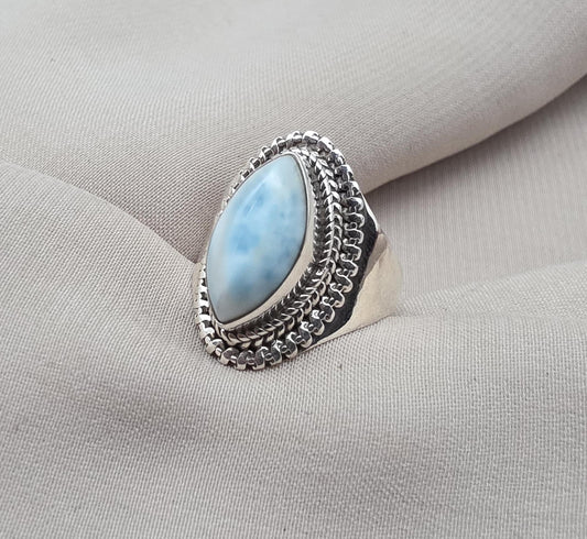 Natural Larimar Ring 925 Sterling Silver Larimar Marquise Cut Gemstone Boho Statement Jewelry