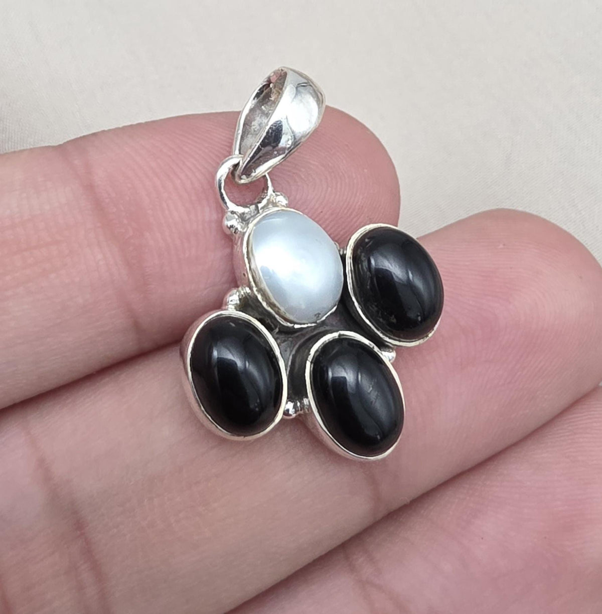 Black Onyx & Mother of Pearl 925 Sterling Silver Pendant: Handmade Boho Necklace