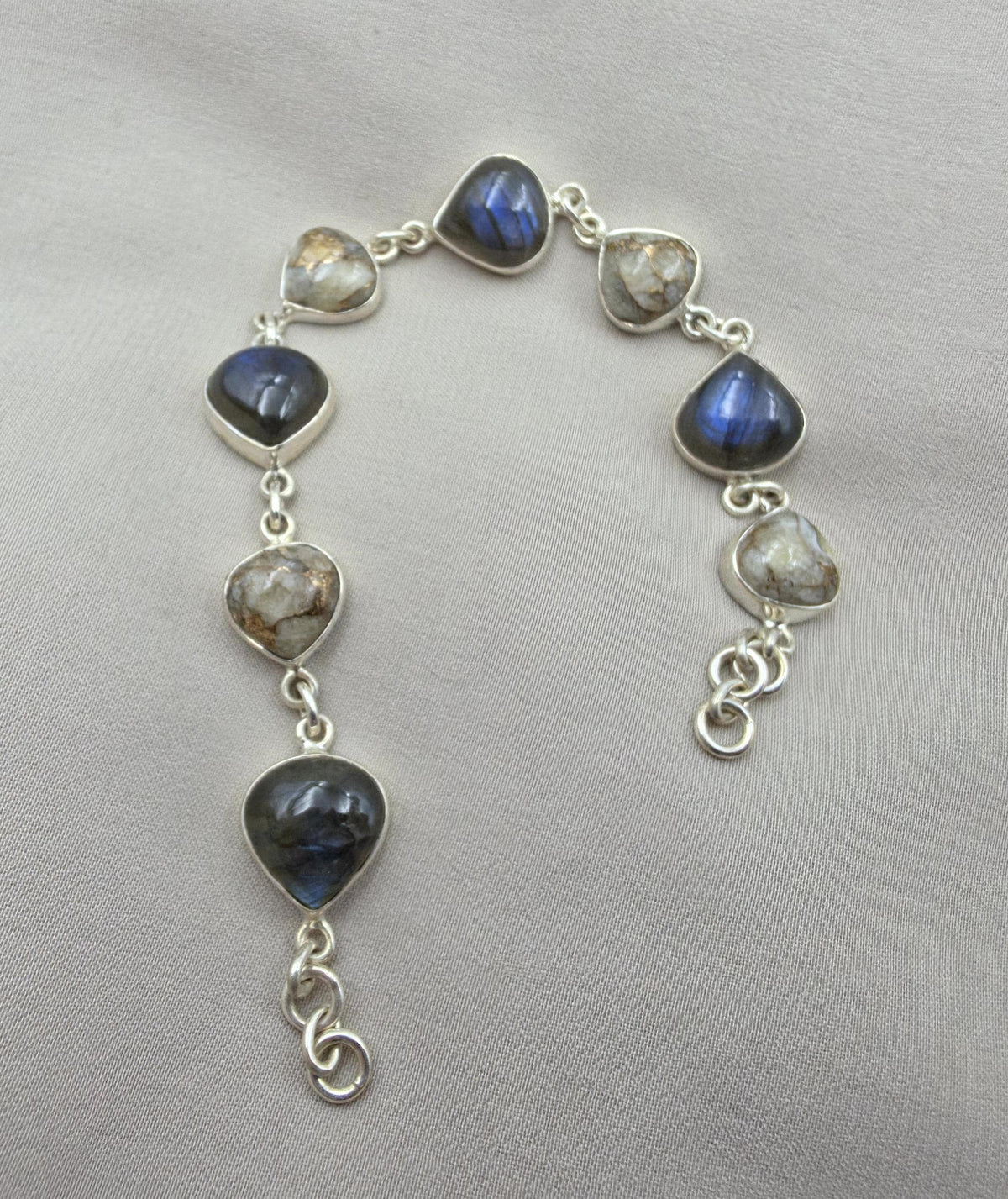 925 Sterling Silver Labradorite & Copper Calcite Bracelet Natural Gemstone Link Bracelet Handmade Boho Jewelry