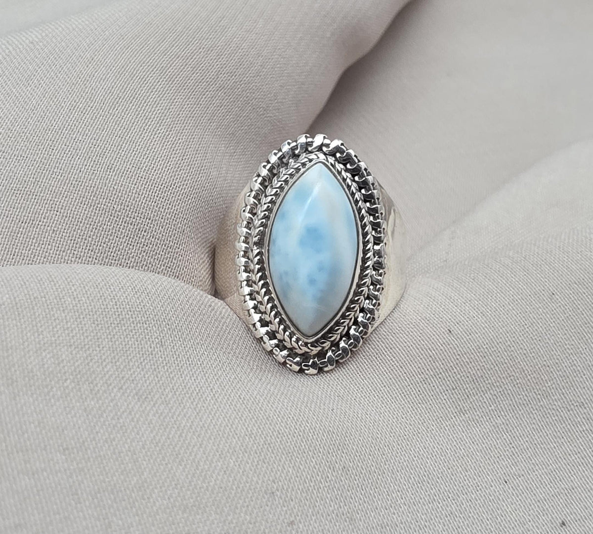 Natural Larimar Ring 925 Sterling Silver Larimar Marquise Cut Gemstone Boho Statement Jewelry