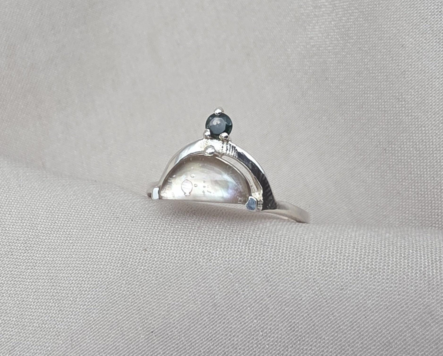 Mother of Pearl Doublet  Ring 925 Sterling Silver Dual Stone Moss Agate Statement Ring