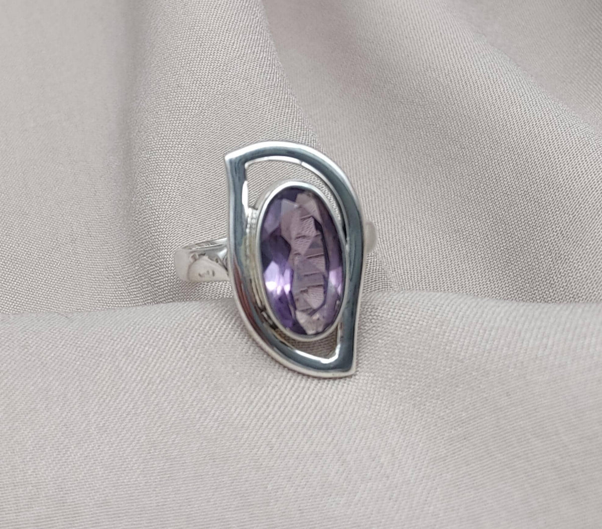 Amethyst Sterling Silver Ring: Modern Abstract Design, February Birthstone