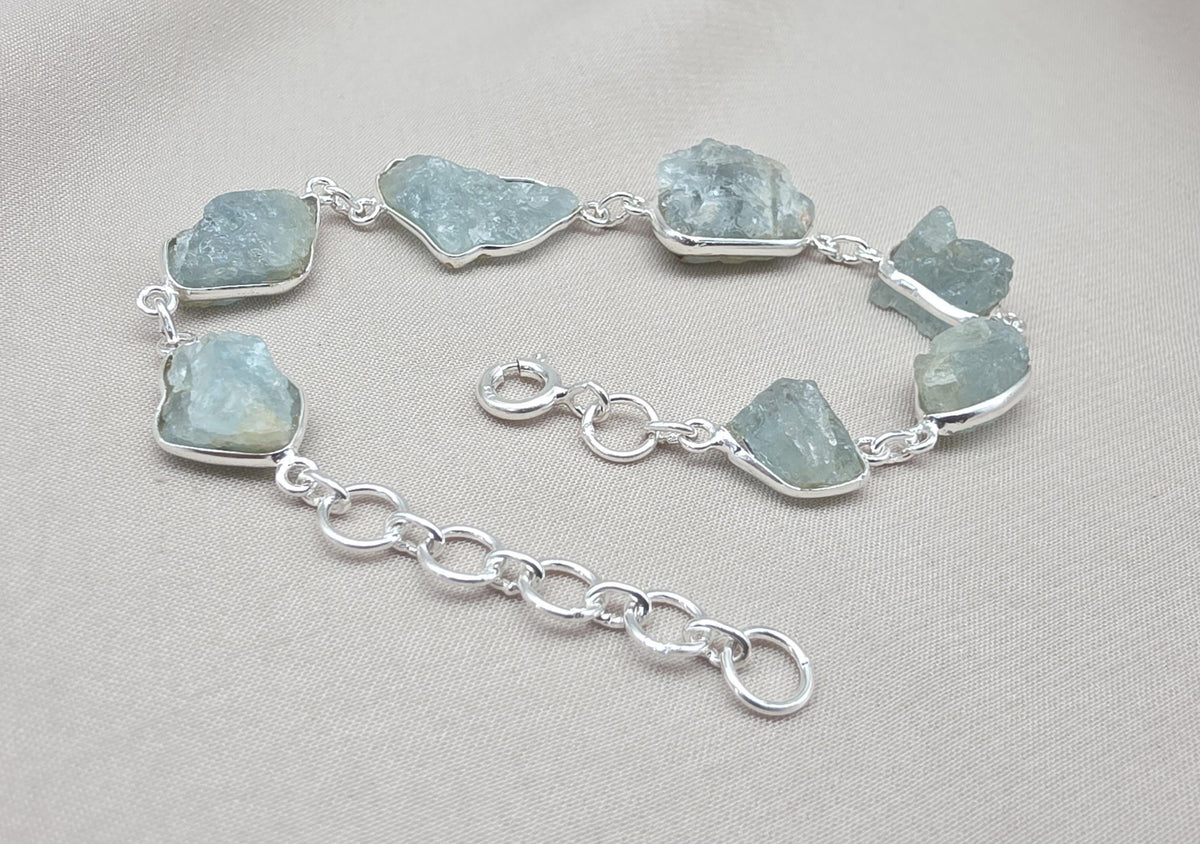 Raw Aquamarine Bracelet in 925 Sterling Silver Natural Blue Gemstone Jewelry