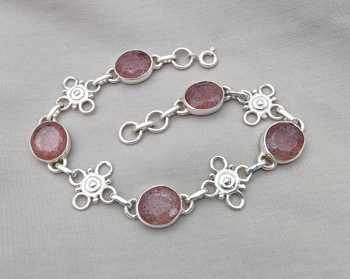 Pink Strawberry Quartz 925 Sterling Silver Bracelet | Handmade Adjustable Gemstone Jewelry Gift for Women