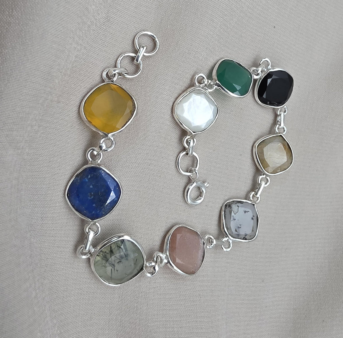 925 Sterling Silver Multi Stone Bracelet Natural Gemstone Cushion Link Jewelry