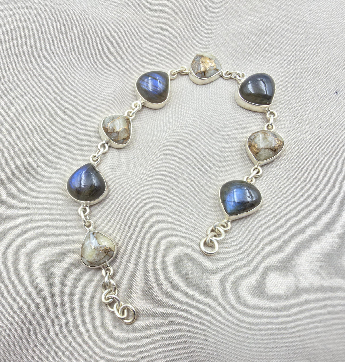 925 Sterling Silver Labradorite & Copper Calcite Bracelet Natural Gemstone Link Bracelet Handmade Boho Jewelry