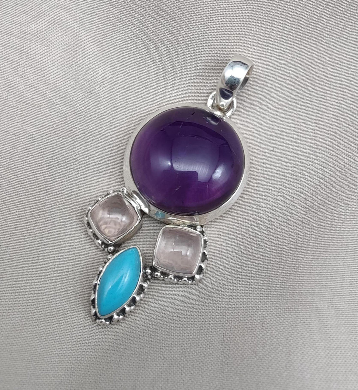 Amethyst Rose Quartz Turquoise Pendant: 925 Silver Healing Crystal Boho Necklace
