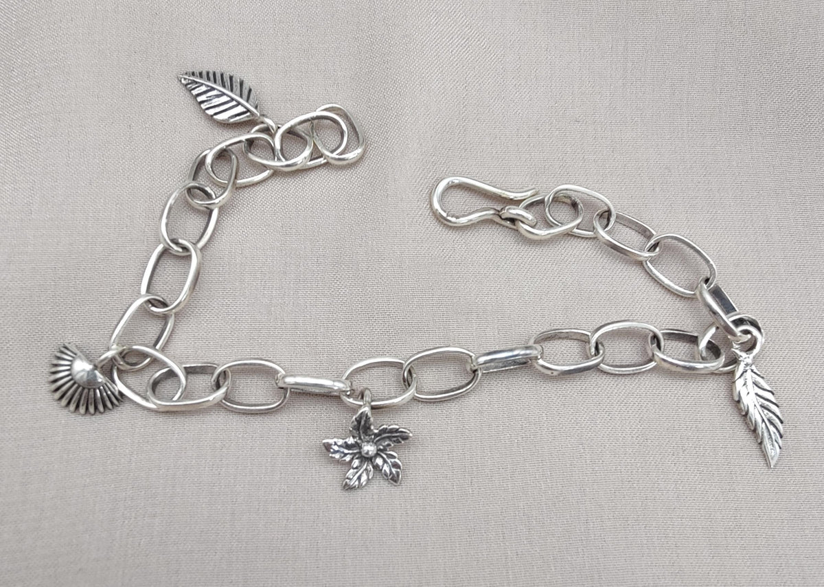 Sterling Silver Charm Bracelet: Leaf, Shell & Flower Charms - Handmade