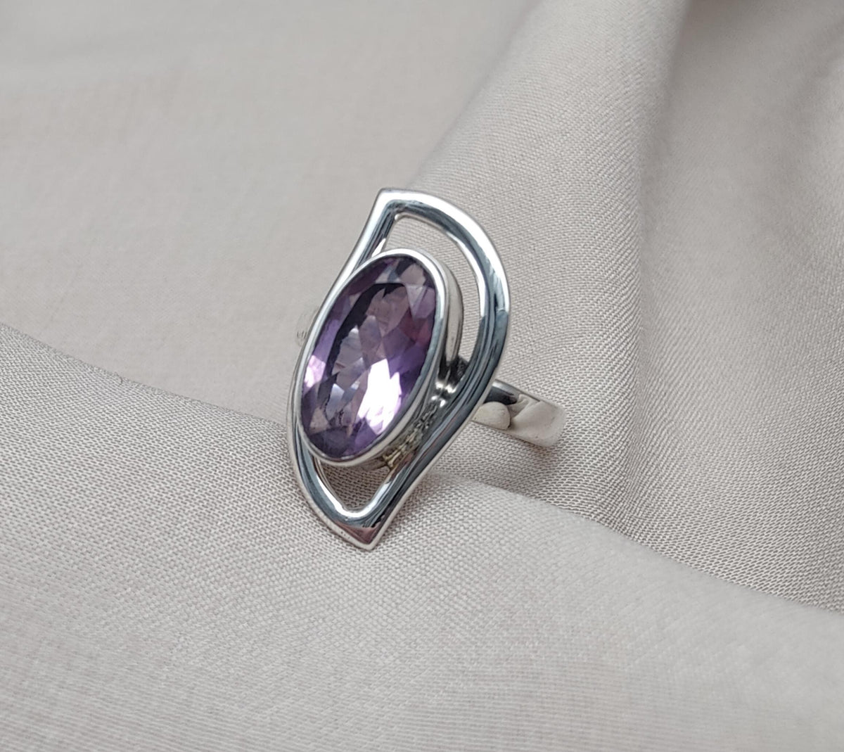 Amethyst Sterling Silver Ring: Modern Abstract Design, February Birthstone