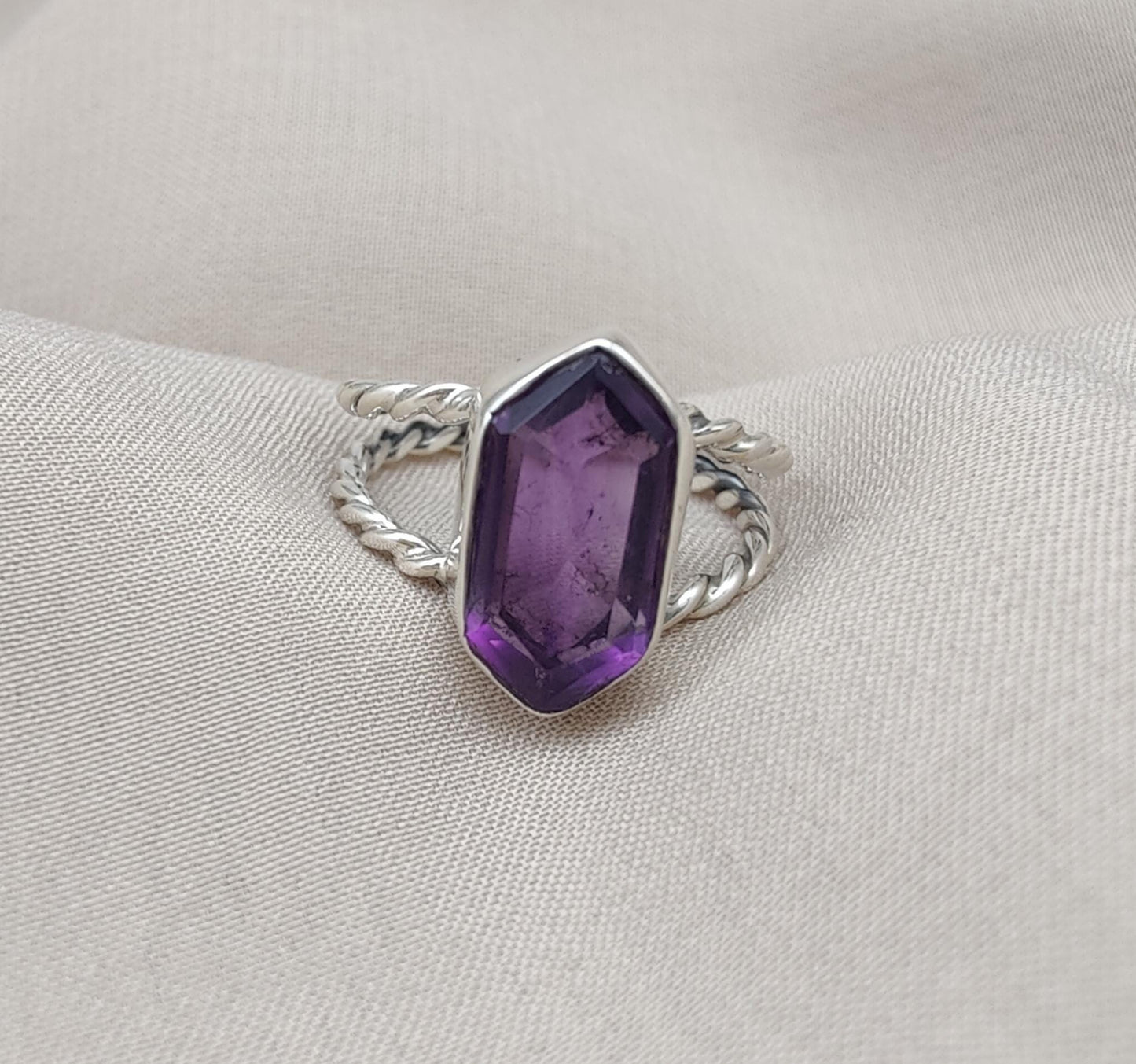 Amethyst Hexagon 925 Sterling Silver Ring: Twisted Band, Spiritual Jewelry